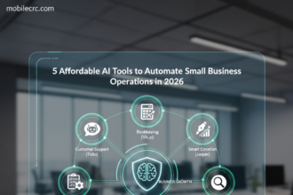 A digital dashboard showing various AI automation icons for business growth - mobilecrc.com.