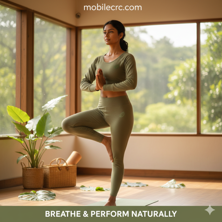 An athlete wearing soft, organic cotton leggings and a top during a yoga session - mobilecrc.com.