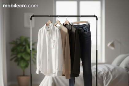 A minimalist clothing rack with neutral-colored clothes representing a capsule wardrobe - mobilecrc.com.