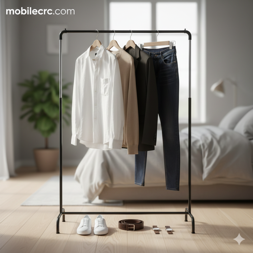 A minimalist clothing rack with neutral-colored clothes representing a capsule wardrobe - mobilecrc.com.