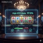 A digital slot machine screen showing high RTP statistics and winning symbols - mobilecrc.com