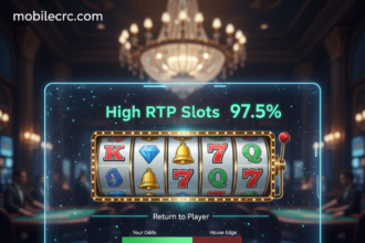 A digital slot machine screen showing high RTP statistics and winning symbols - mobilecrc.com