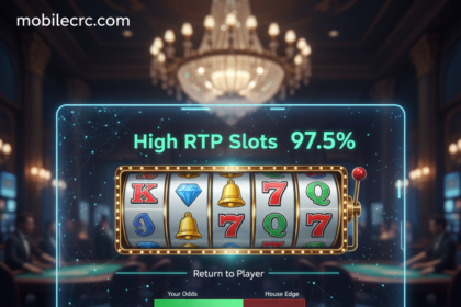 A digital slot machine screen showing high RTP statistics and winning symbols - mobilecrc.com