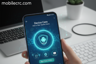 A person optimizing an Android smartphone settings menu to clear cache - mobilecrc.com.