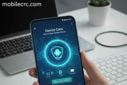 A person optimizing an Android smartphone settings menu to clear cache - mobilecrc.com.