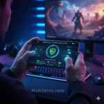 A gamer holding a smartphone with a battery optimization dashboard visible - mobilecrc.com.