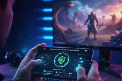 A gamer holding a smartphone with a battery optimization dashboard visible - mobilecrc.com.