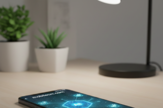 A smartphone showing battery optimization settings with an AI icon on mobilecrc.com.