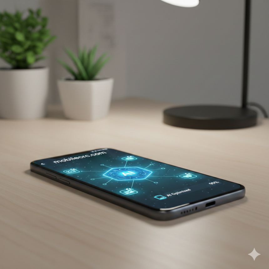 A smartphone showing battery optimization settings with an AI icon on mobilecrc.com.