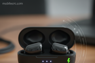 A pair of premium wireless earbuds next to a charging case on a wooden desk - mobilecrc.com.