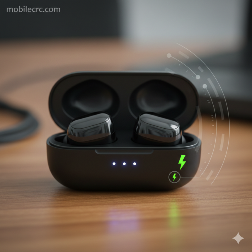 A pair of premium wireless earbuds next to a charging case on a wooden desk - mobilecrc.com.