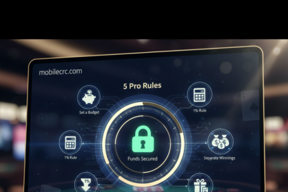 A digital interface showing a balanced casino bankroll and responsible gaming icons - mobilecrc.com.