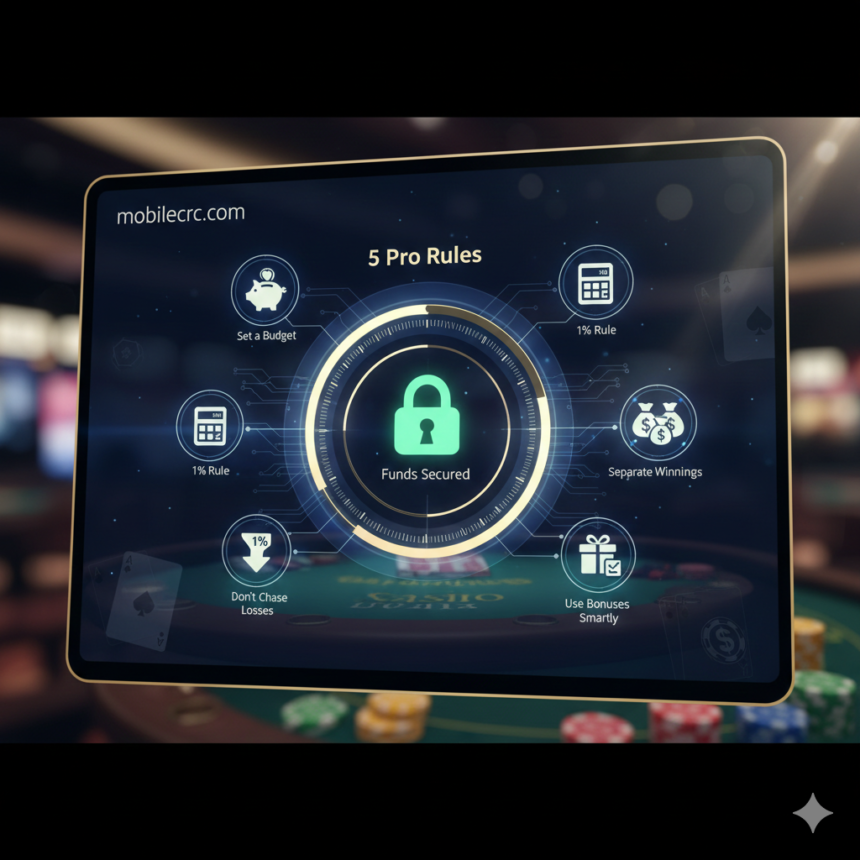 A digital interface showing a balanced casino bankroll and responsible gaming icons - mobilecrc.com.