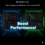 A split screen showing a slow PC vs a fast optimized Windows 11 interface - mobilecrc.com.