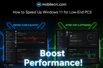 A split screen showing a slow PC vs a fast optimized Windows 11 interface - mobilecrc.com.