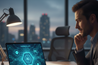 A modern office setup showing a small business owner using AI tools on a laptop - mobilecrc.com.