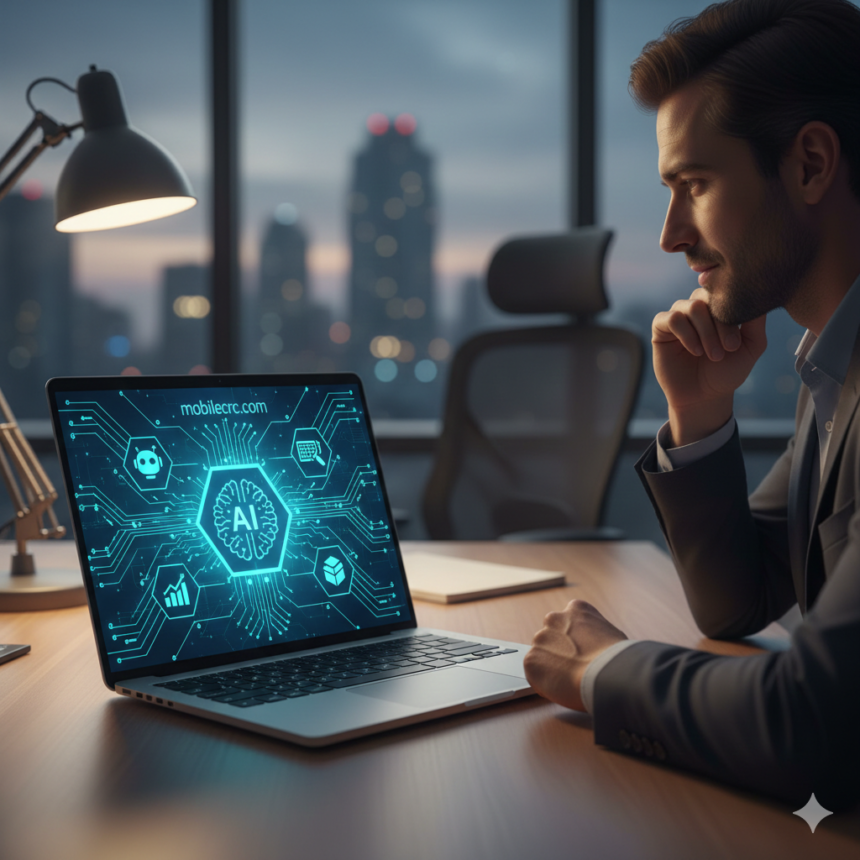 A modern office setup showing a small business owner using AI tools on a laptop - mobilecrc.com.