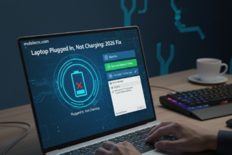 A laptop screen showing the battery icon with a 'Plugged in, not charging' notification - mobilecrc.com.