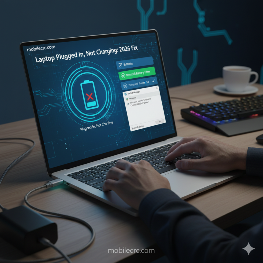 A laptop screen showing the battery icon with a 'Plugged in, not charging' notification - mobilecrc.com.