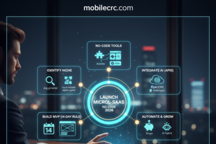 A visual flowchart showing the steps from finding a niche to launching a no-code Micro-SaaS app - mobilecrc.com.