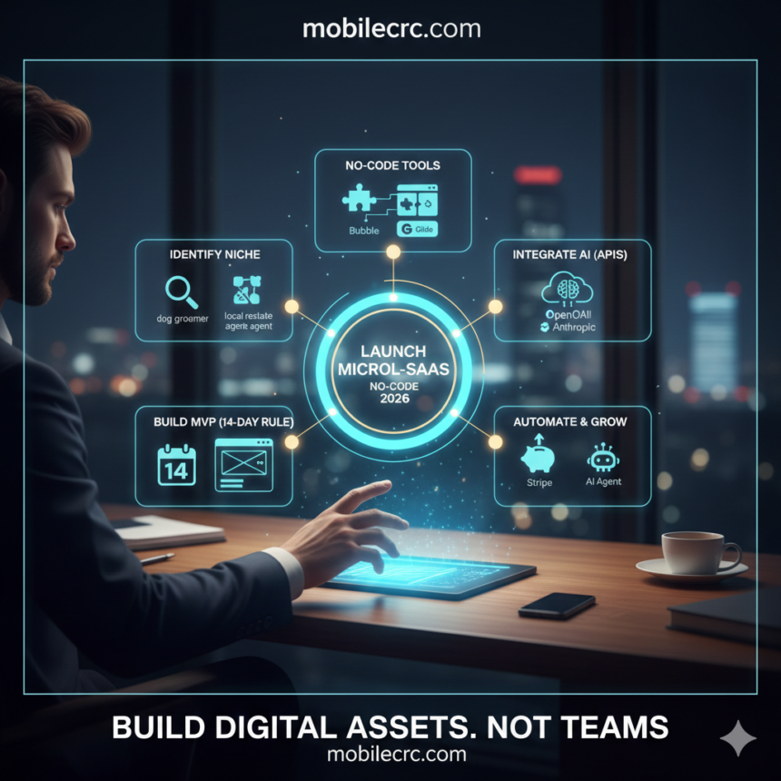 A visual flowchart showing the steps from finding a niche to launching a no-code Micro-SaaS app - mobilecrc.com.