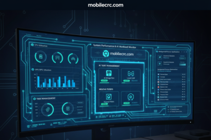 A high-tech Windows 11 desktop showing performance monitors and AI task management - mobilecrc.com.
