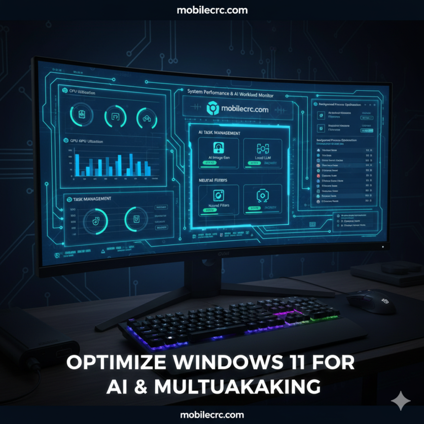 A high-tech Windows 11 desktop showing performance monitors and AI task management - mobilecrc.com.