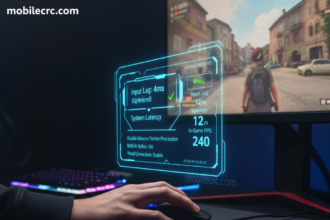 A gamer’s hand on a mouse with a digital overlay showing latency and FPS statistics - mobilecrc.com.