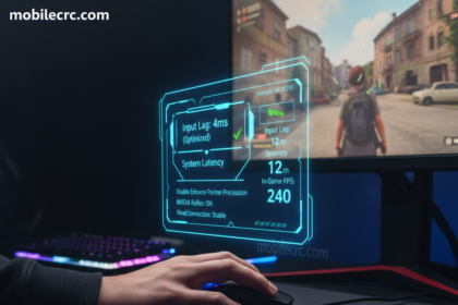 A gamer’s hand on a mouse with a digital overlay showing latency and FPS statistics - mobilecrc.com.