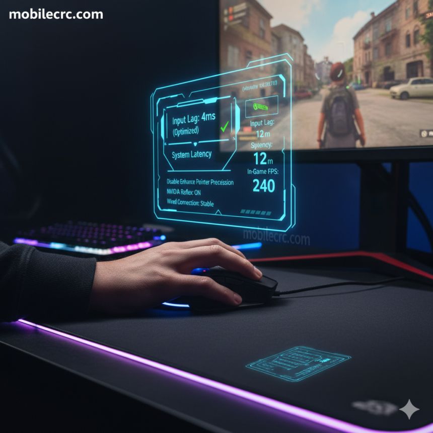 A gamer’s hand on a mouse with a digital overlay showing latency and FPS statistics - mobilecrc.com.