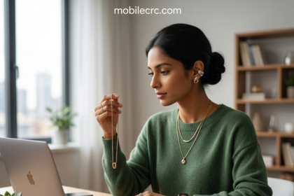 A woman styling a smart ring and layered necklaces for a modern tech-chic office look - mobilecrc.com.