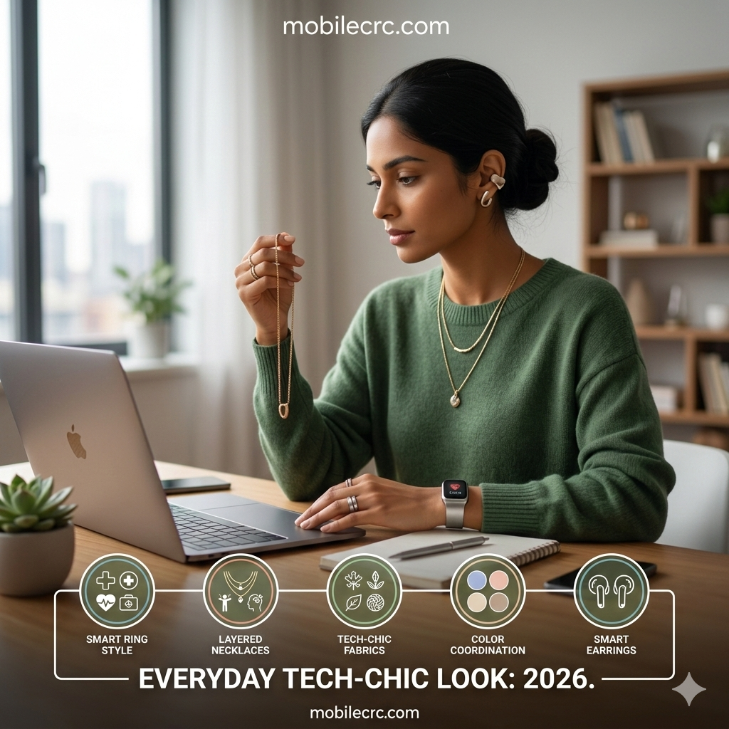 How to Style Smart Jewelry for an Everyday Tech-Chic Look in 2026 A woman styling a smart ring and layered necklaces for a modern tech-chic office look - mobilecrc.com.