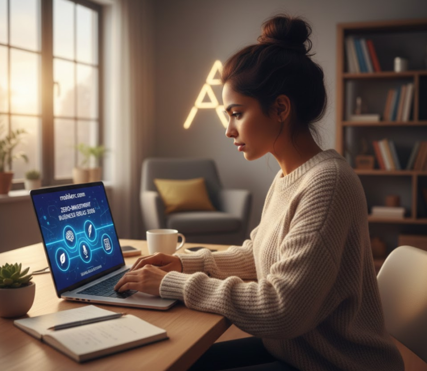 A young entrepreneur working on a laptop in a modern home office - mobilecrc.com.