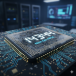 A glowing 14344 processor chip on a futuristic motherboard with blue energy lines - mobilecrc.com