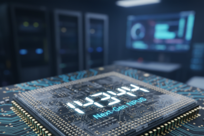 A glowing 14344 processor chip on a futuristic motherboard with blue energy lines - mobilecrc.com