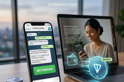 A smartphone showing a Telegram casino bot with a "Withdrawal Successful" notification - mobilecrc.com.
