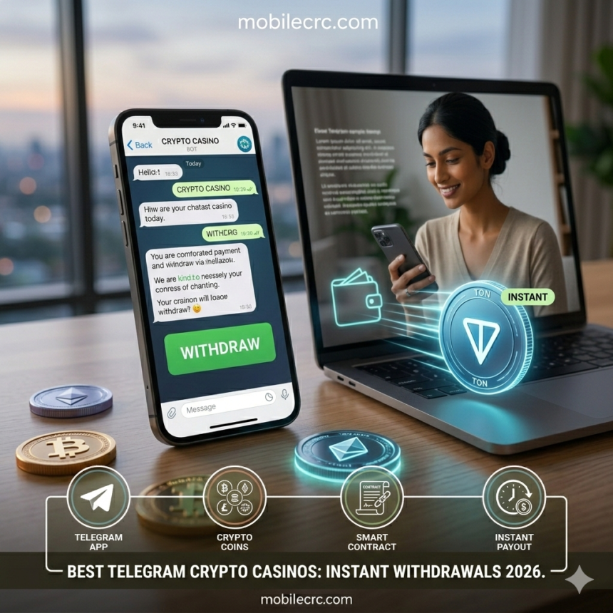 A smartphone showing a Telegram casino bot with a "Withdrawal Successful" notification - mobilecrc.com.