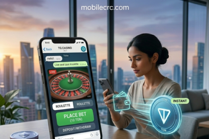 A smartphone screen showing a Telegram casino bot interface with Bitcoin and Solana icons - mobilecrc.com.