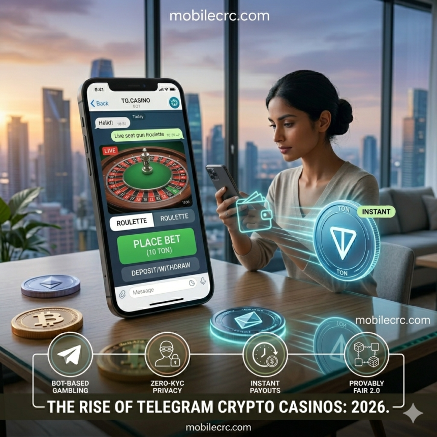 A smartphone screen showing a Telegram casino bot interface with Bitcoin and Solana icons - mobilecrc.com.