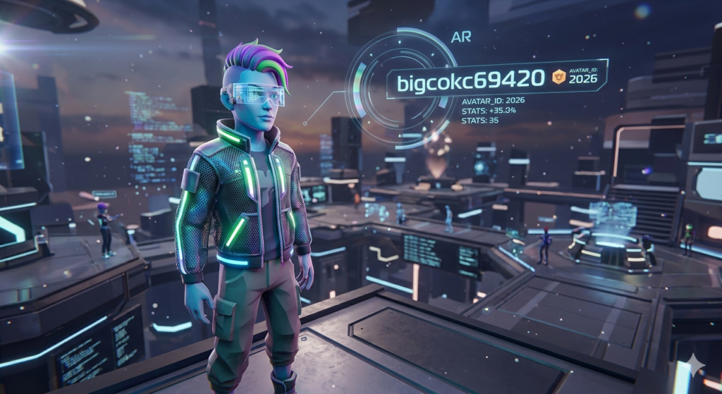 A vibrant, 3D holographic Metaverse avatar with a glowing neon visor - mobilecrc.com.