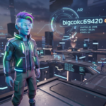 A vibrant, 3D holographic Metaverse avatar with a glowing neon visor - mobilecrc.com.