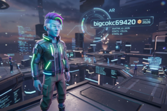 A vibrant, 3D holographic Metaverse avatar with a glowing neon visor - mobilecrc.com.