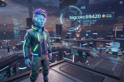 A vibrant, 3D holographic Metaverse avatar with a glowing neon visor - mobilecrc.com.