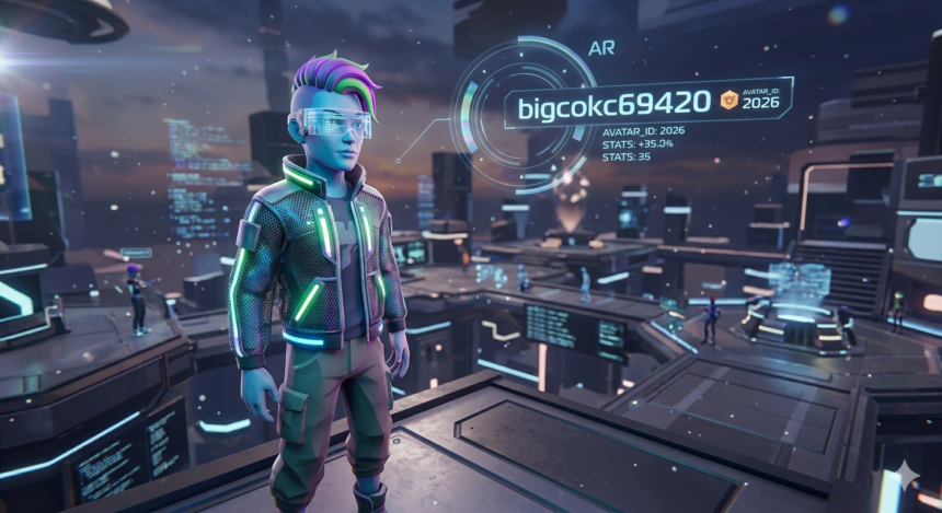 A vibrant, 3D holographic Metaverse avatar with a glowing neon visor - mobilecrc.com.