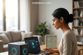 A compact, glowing home AI server unit on a desk next to a laptop - mobilecrc.com.