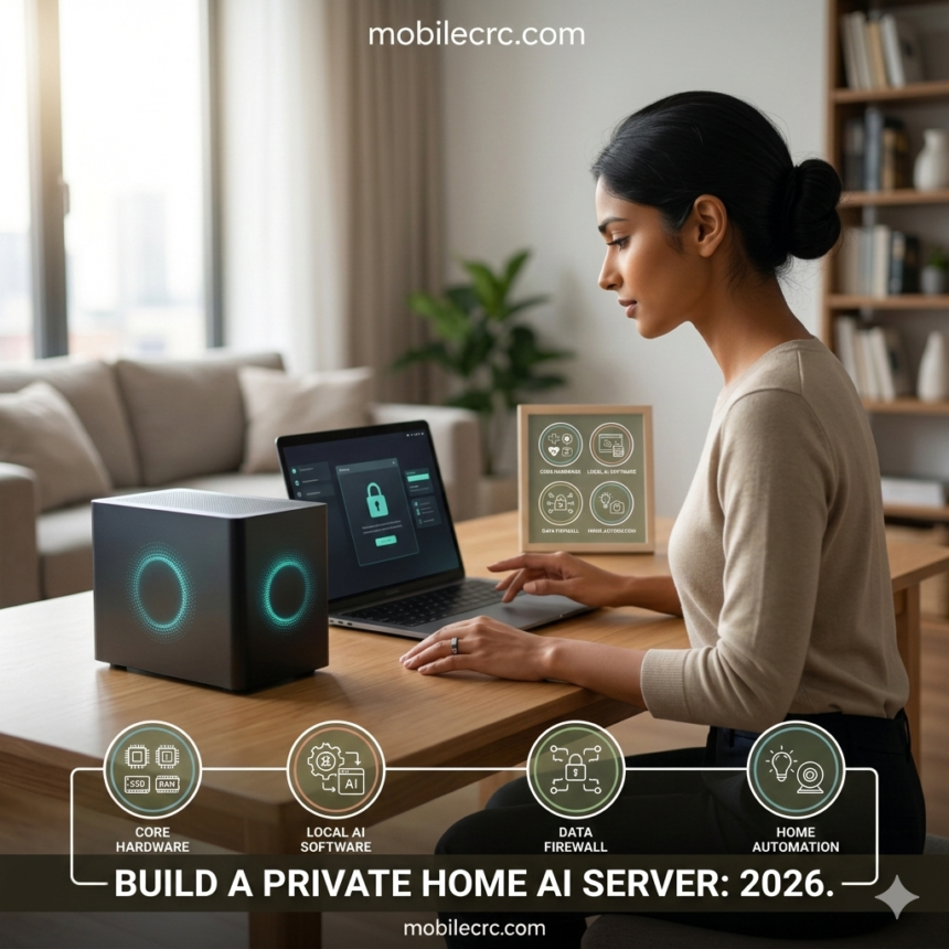A compact, glowing home AI server unit on a desk next to a laptop - mobilecrc.com.