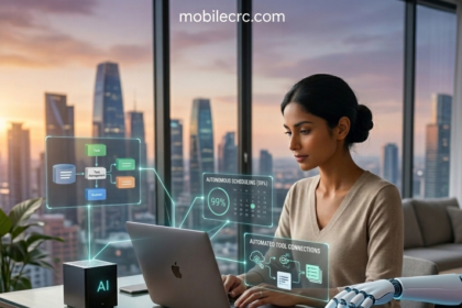 A futuristic AI agent interface managing a 3D calendar and sending automated emails - mobilecrc.com.