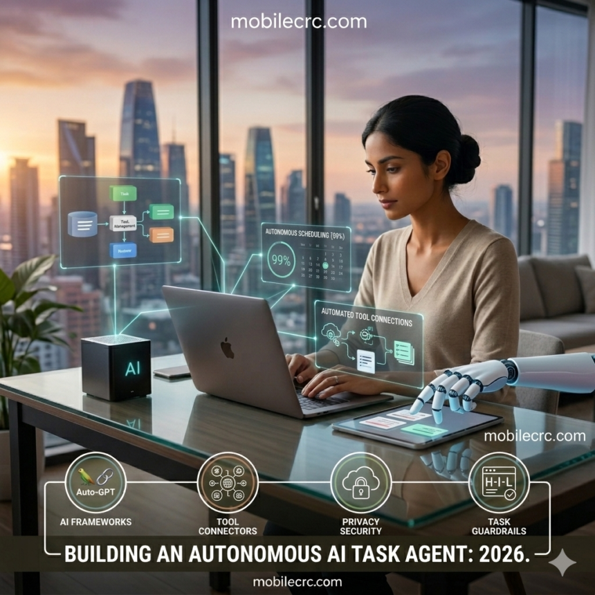 A futuristic AI agent interface managing a 3D calendar and sending automated emails - mobilecrc.com.
