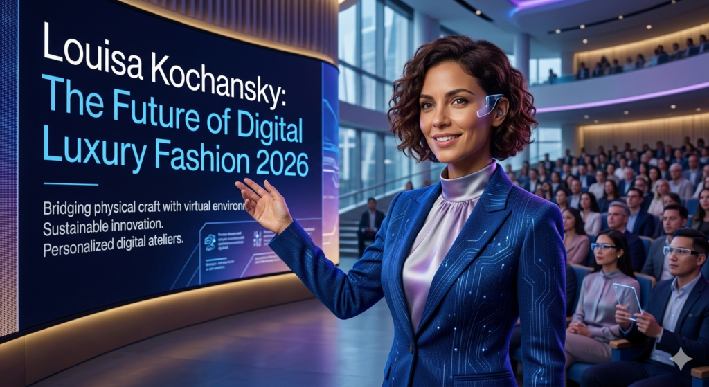 Louisa Kochansky: The Woman Redefining Luxury in the Metaverse A high-fashion digital model wearing a glowing, liquid-gold dress designed by Louisa Kochansky - mobilecrc.com.