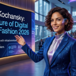 A high-fashion digital model wearing a glowing, liquid-gold dress designed by Louisa Kochansky - mobilecrc.com.